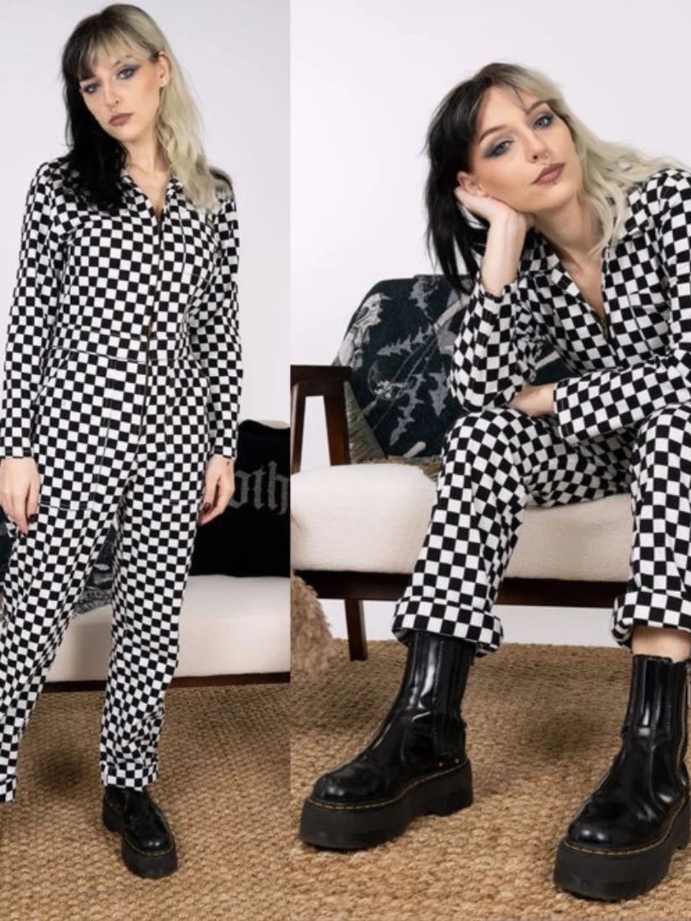 RUN & FLY | Black & White Checkerboard Stretch Twill BoilerSuit jumpsuit - XXS